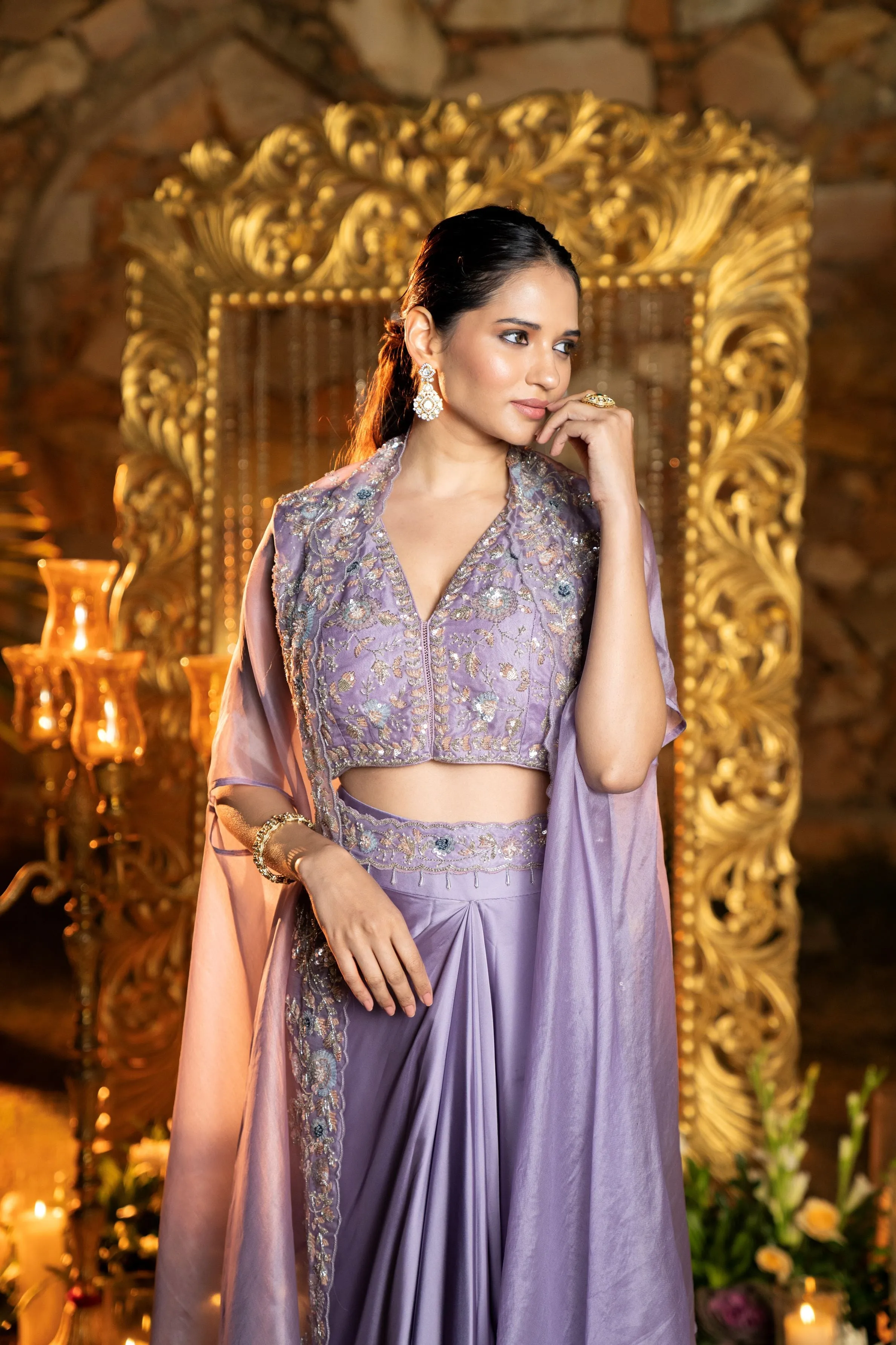 Lilac Embellished Premium Organza Silk Cape Set