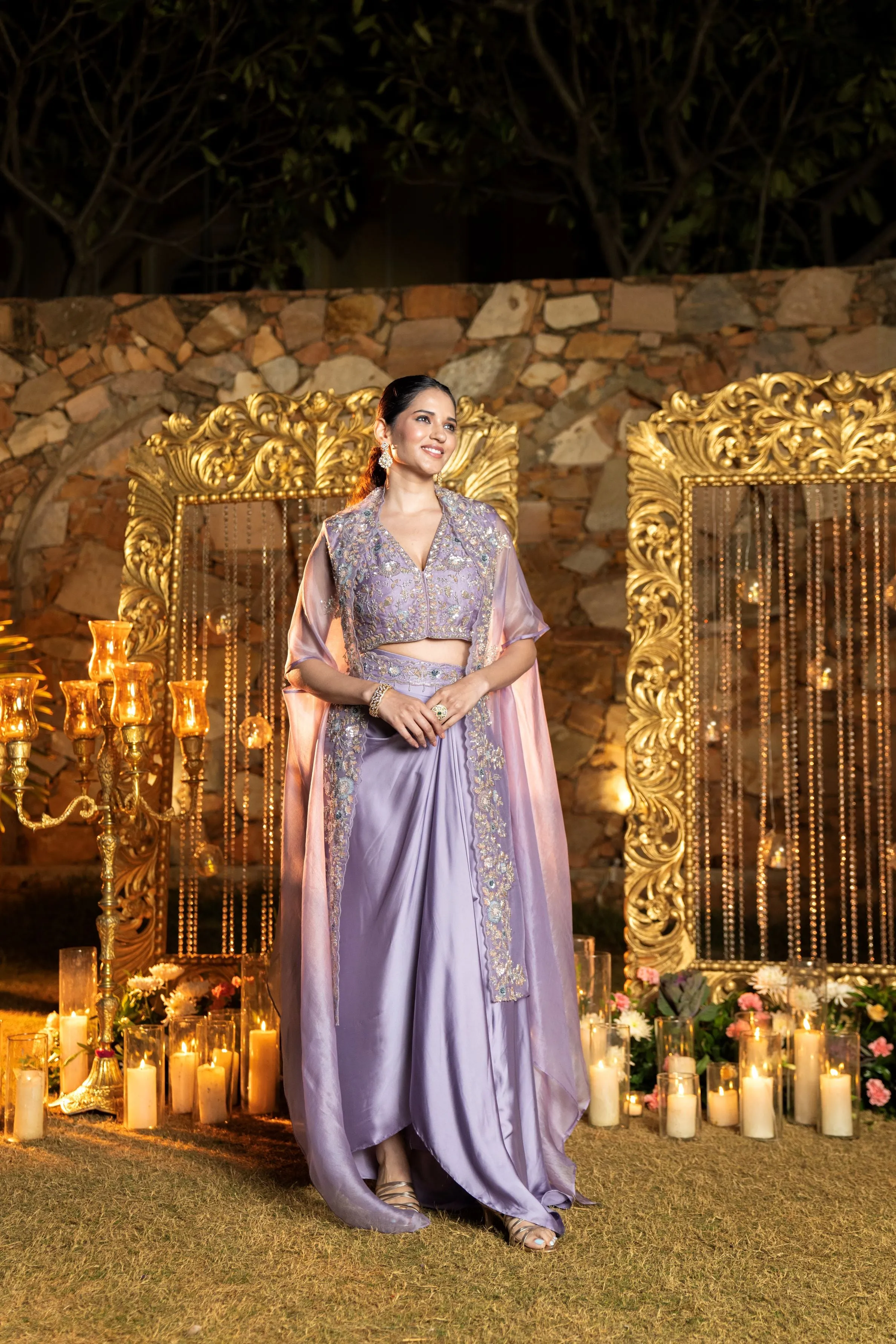 Lilac Embellished Premium Organza Silk Cape Set