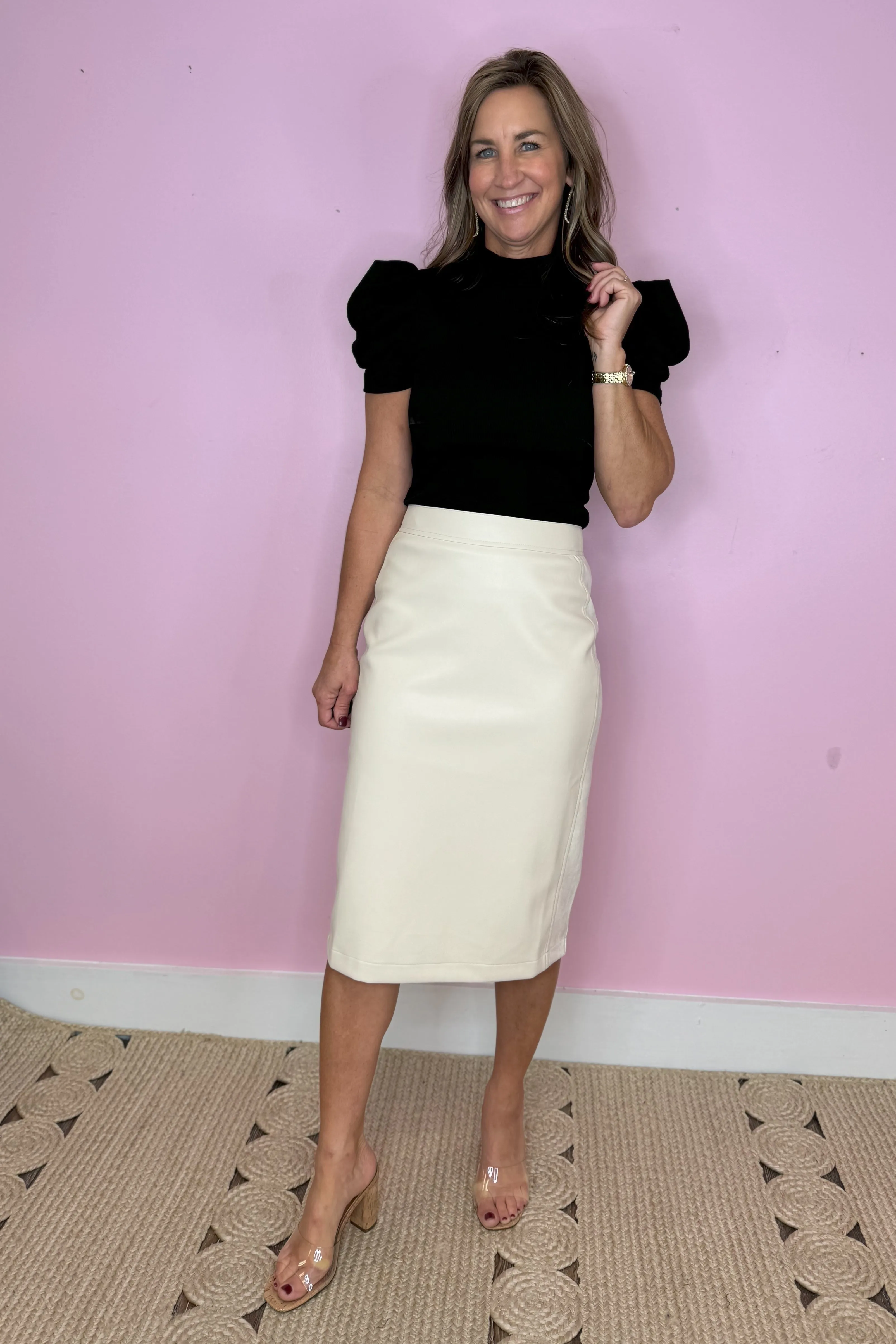 Lucky To Have You Ecru Faux Leather Pencil Skirt