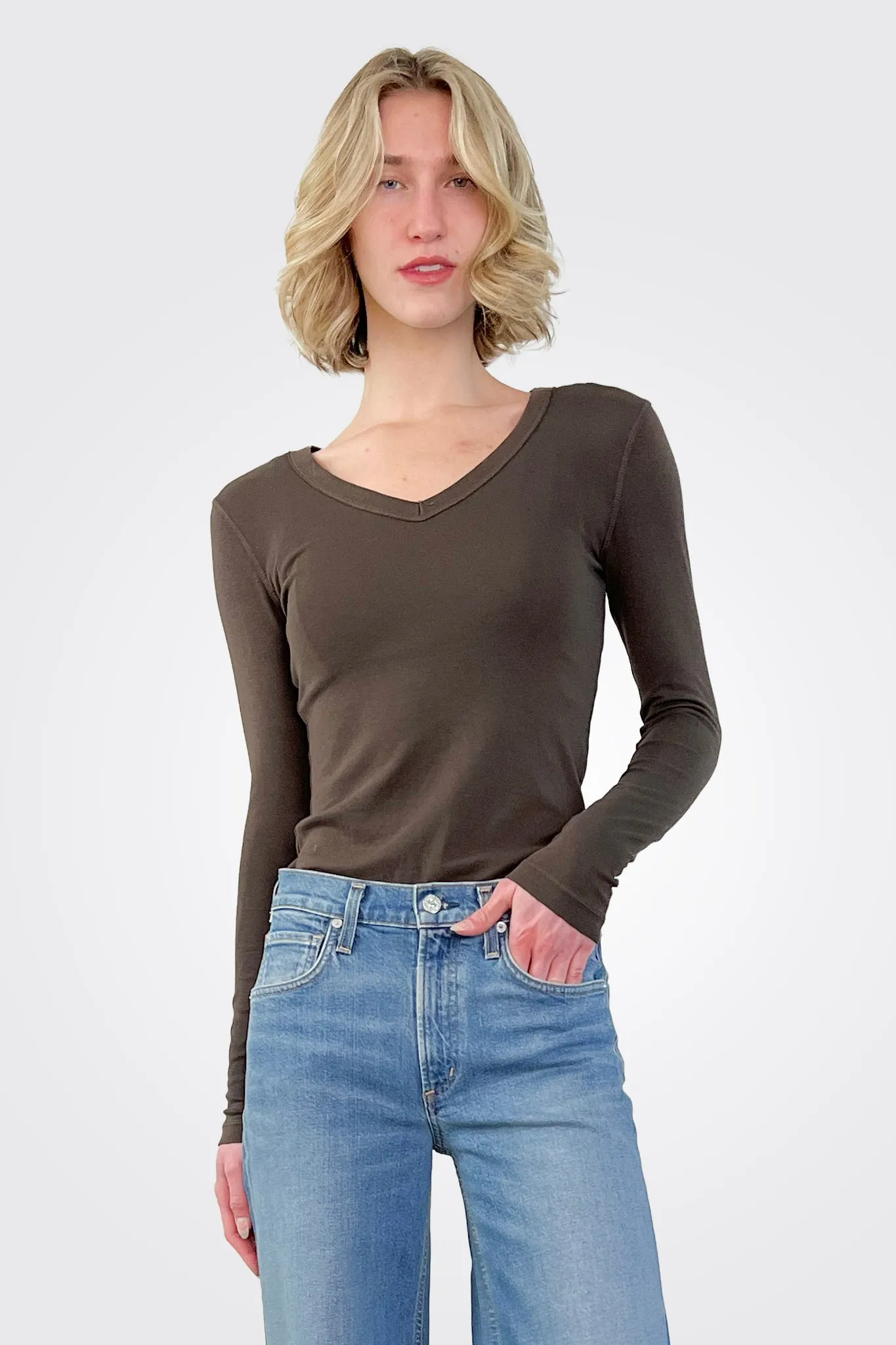 Luxe Long Sleeve V Neck - Chocolate