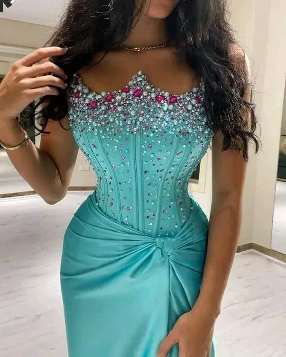 Luxury Crystal Mermaid Evening Dresses Sparkle Satin Crown Beaded Formal Party Prom Dresses     fg5170