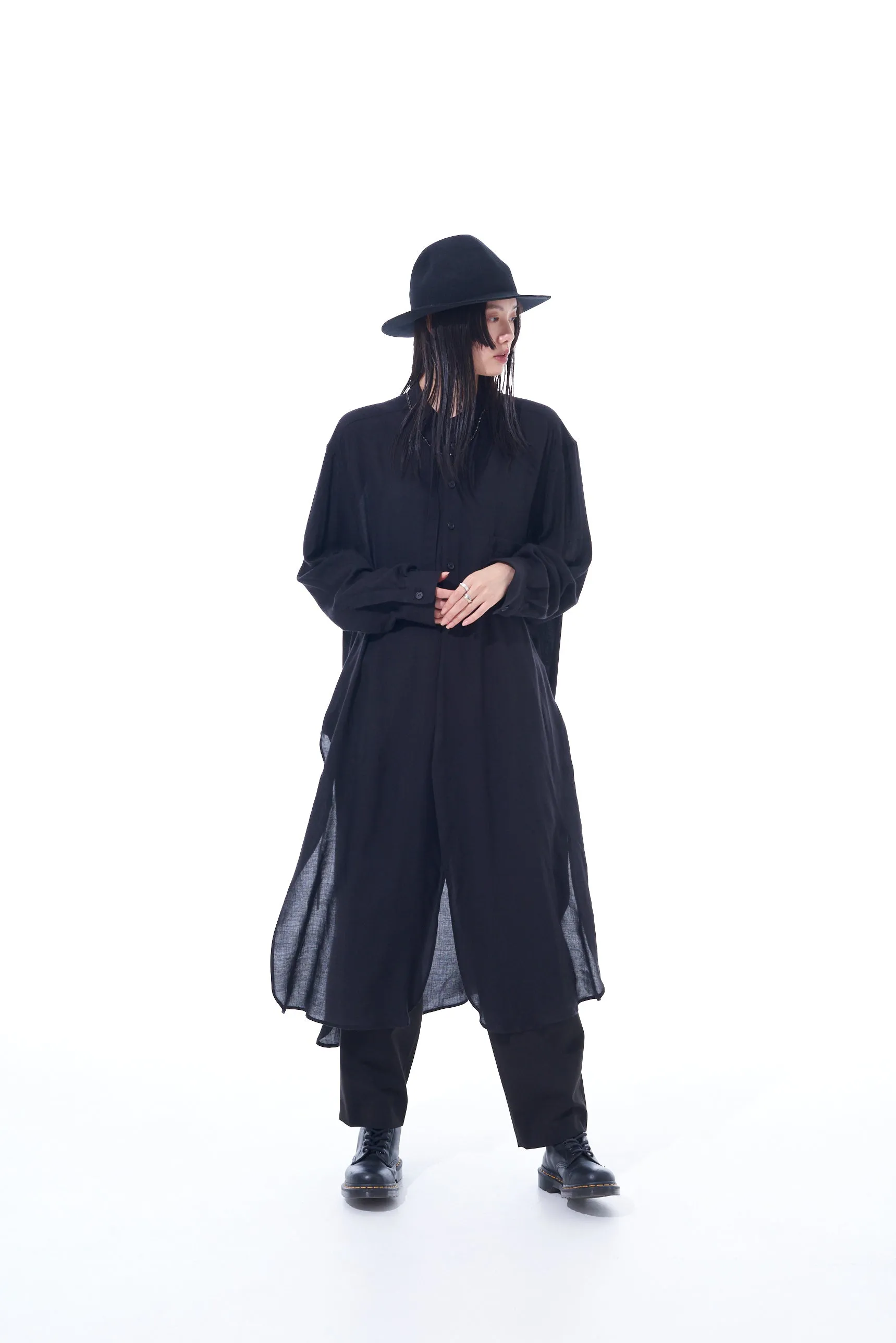 LYOCELL VIERA STAND COLLAR LONG SHIRT WITH ROUNDED HEM