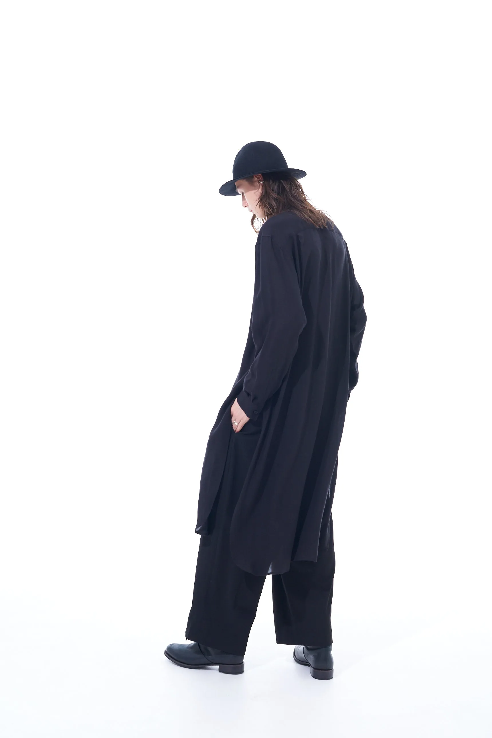 LYOCELL VIERA STAND COLLAR LONG SHIRT WITH ROUNDED HEM