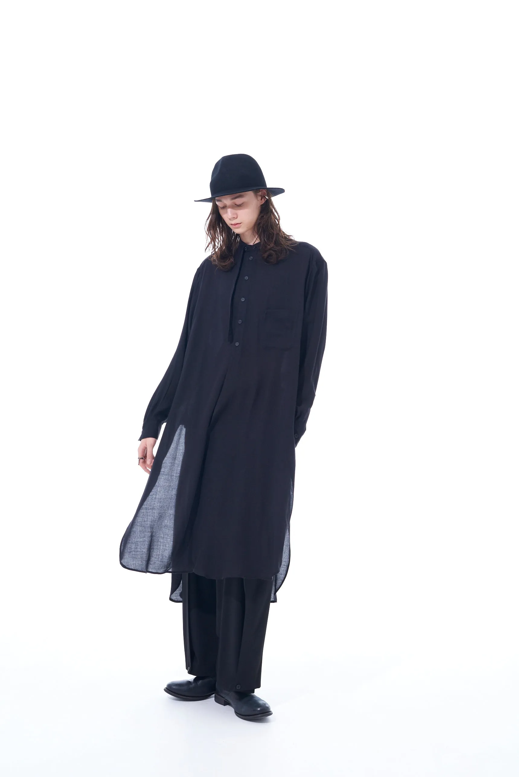 LYOCELL VIERA STAND COLLAR LONG SHIRT WITH ROUNDED HEM