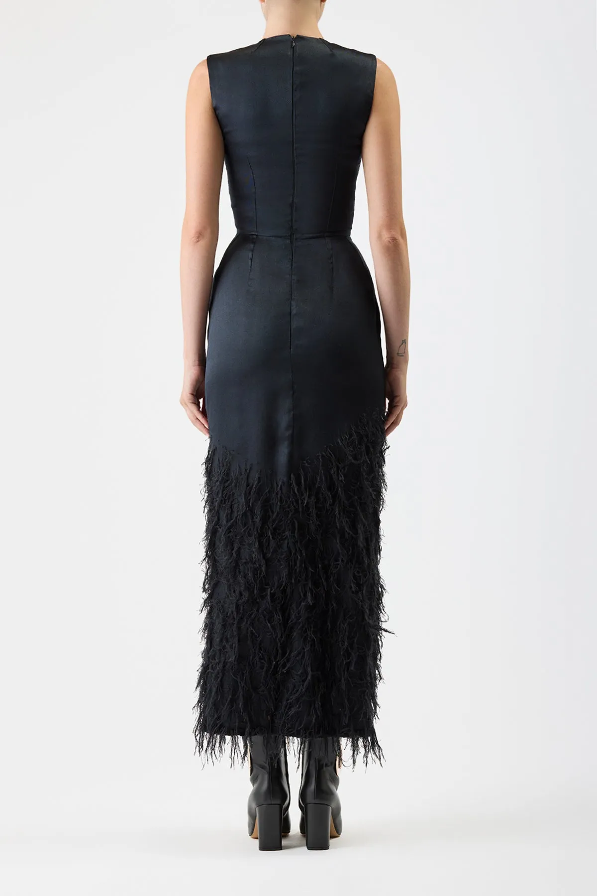 Maslow Feather Maxi Dress in Black Silk Satin