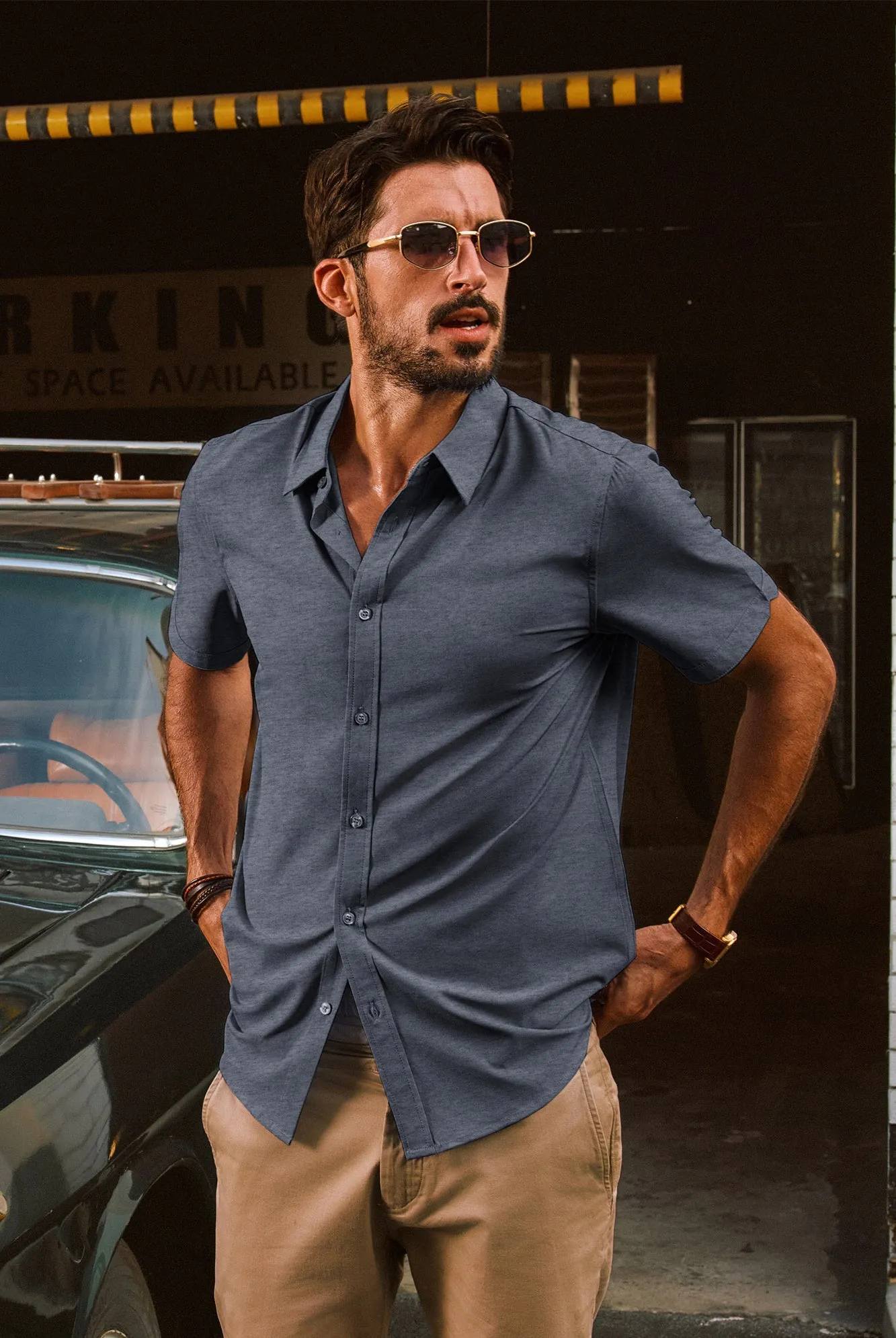 Men Basic Shirt Casual Short Sleeve Classic Collar Curved Hem Shirt Tops