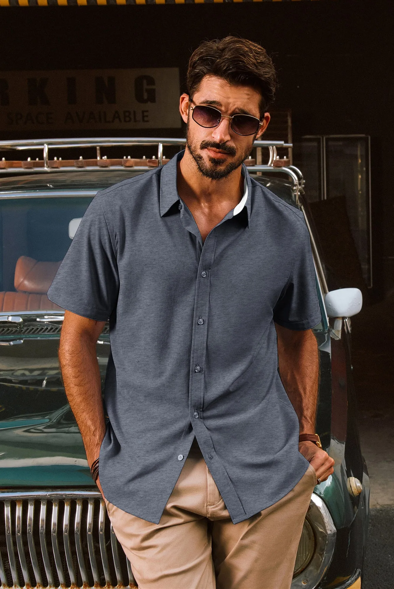 Men Basic Shirt Casual Short Sleeve Classic Collar Curved Hem Shirt Tops