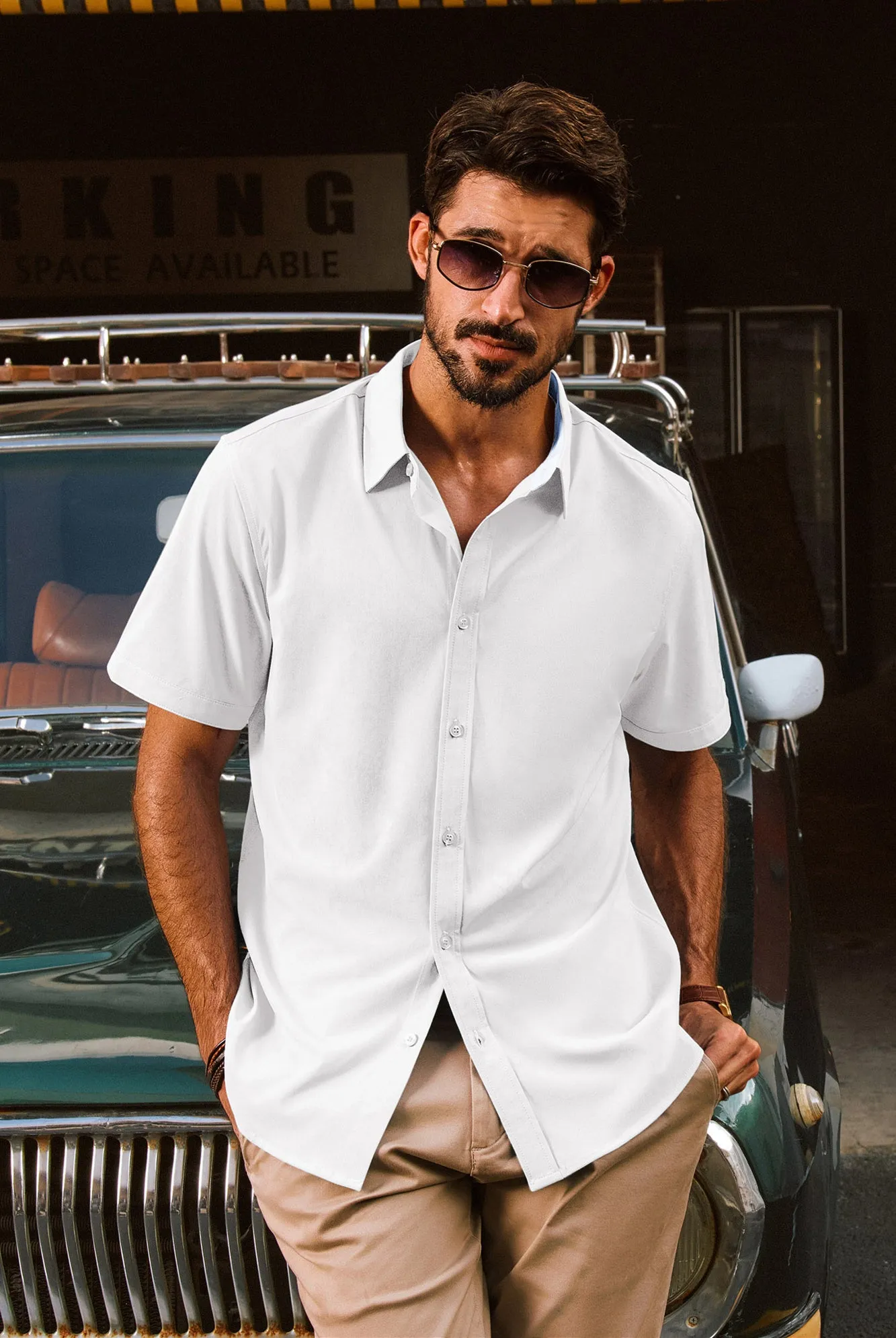 Men Basic Shirt Casual Short Sleeve Classic Collar Curved Hem Shirt Tops