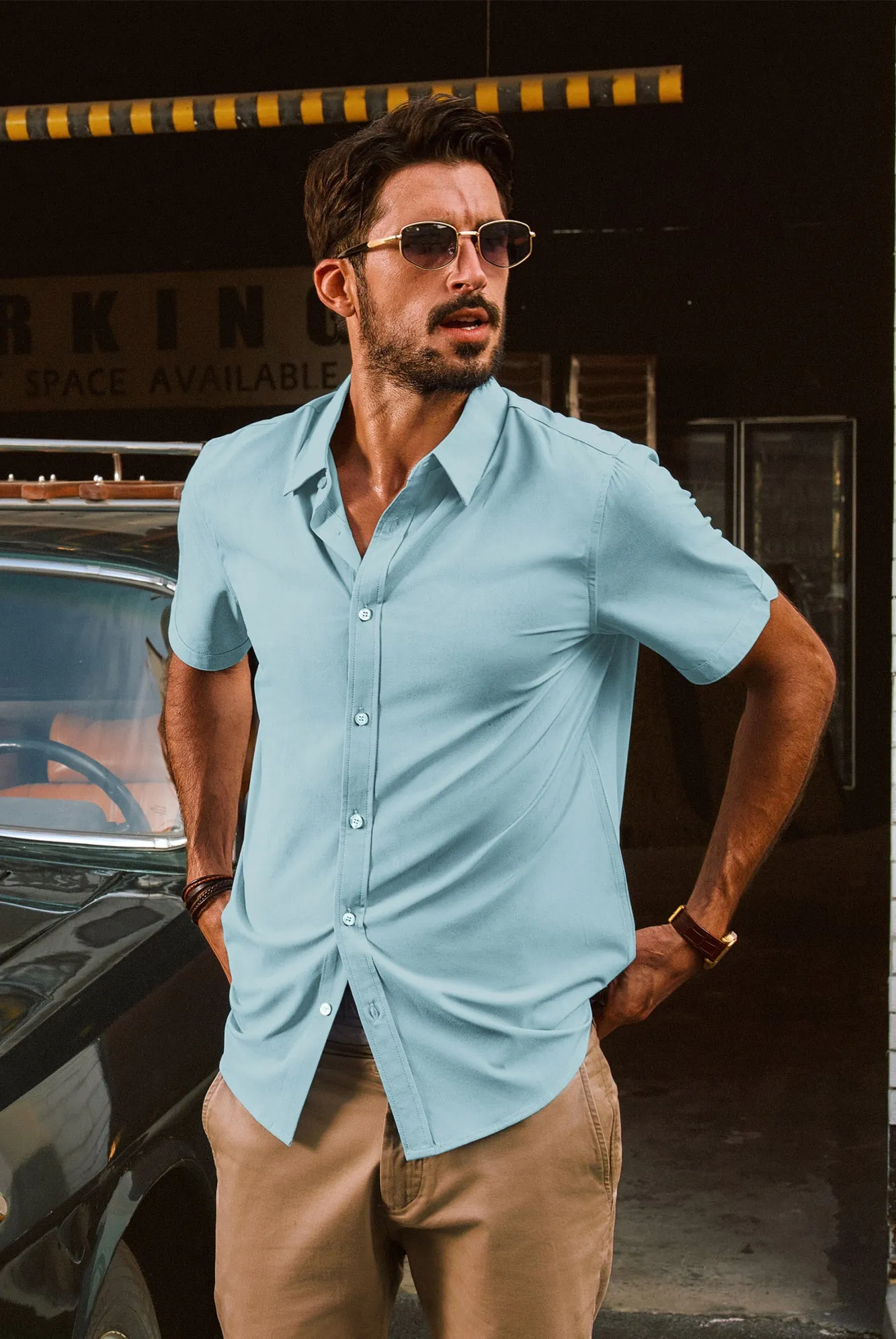 Men Basic Shirt Casual Short Sleeve Classic Collar Curved Hem Shirt Tops