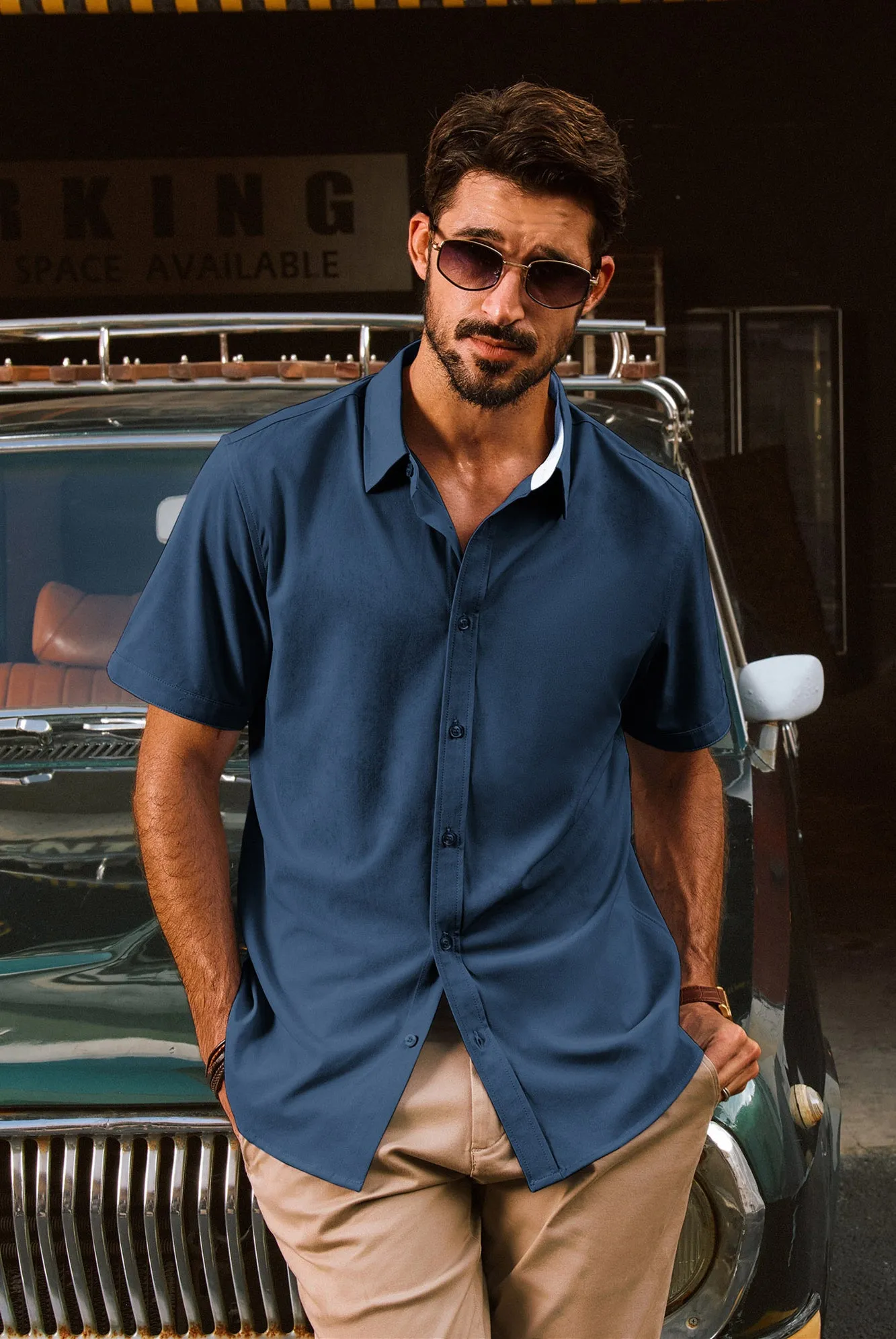 Men Basic Shirt Casual Short Sleeve Classic Collar Curved Hem Shirt Tops