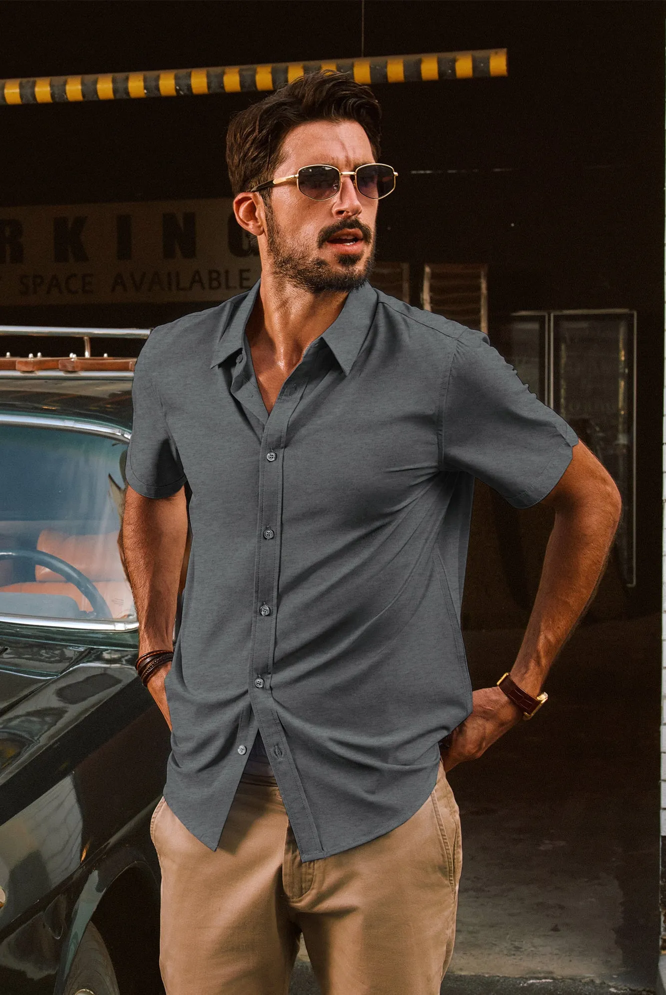 Men Basic Shirt Casual Short Sleeve Classic Collar Curved Hem Shirt Tops