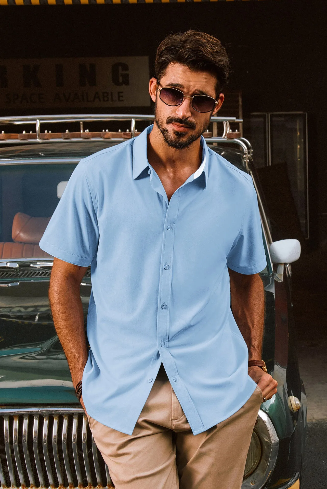 Men Basic Shirt Casual Short Sleeve Classic Collar Curved Hem Shirt Tops