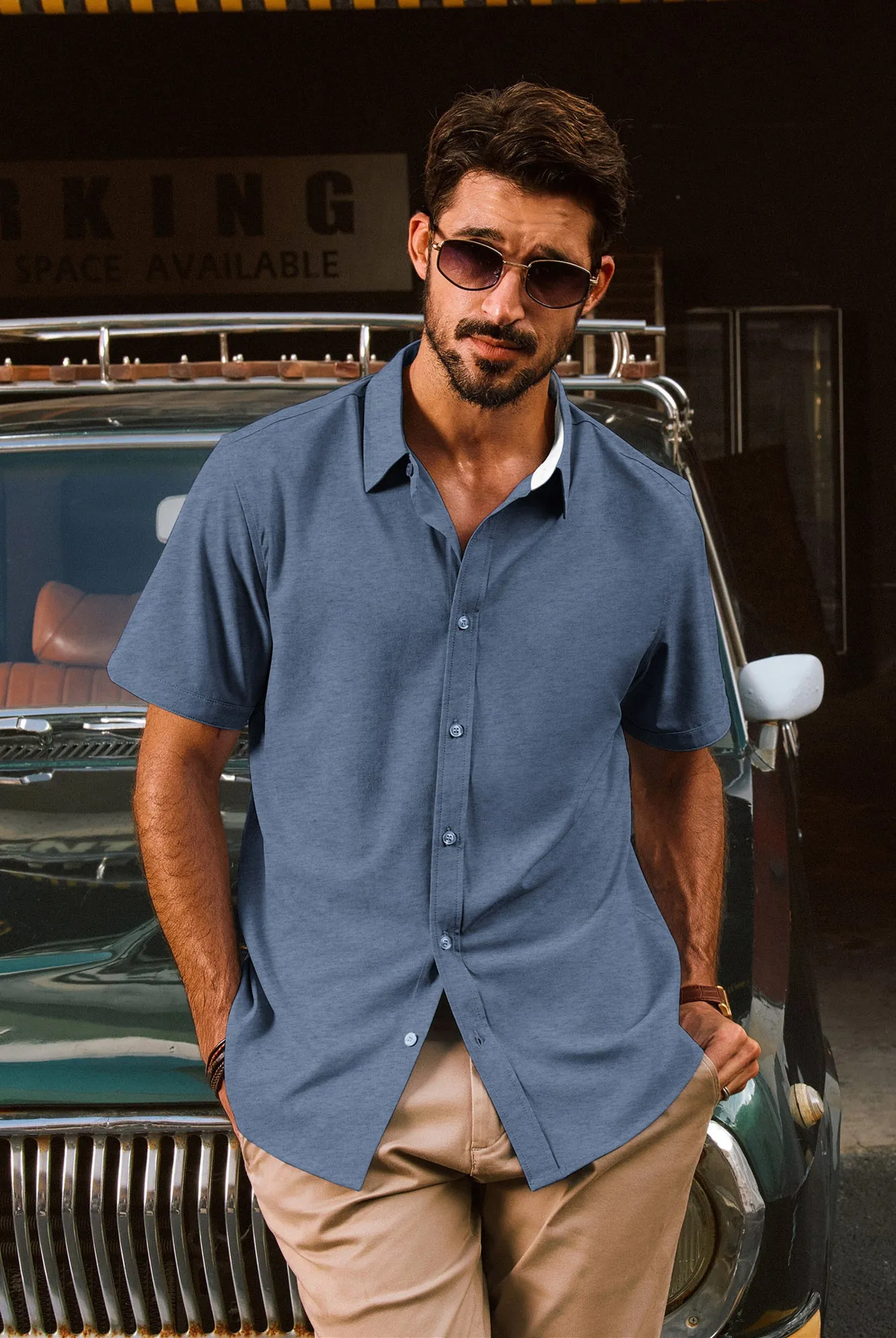 Men Basic Shirt Casual Short Sleeve Classic Collar Curved Hem Shirt Tops