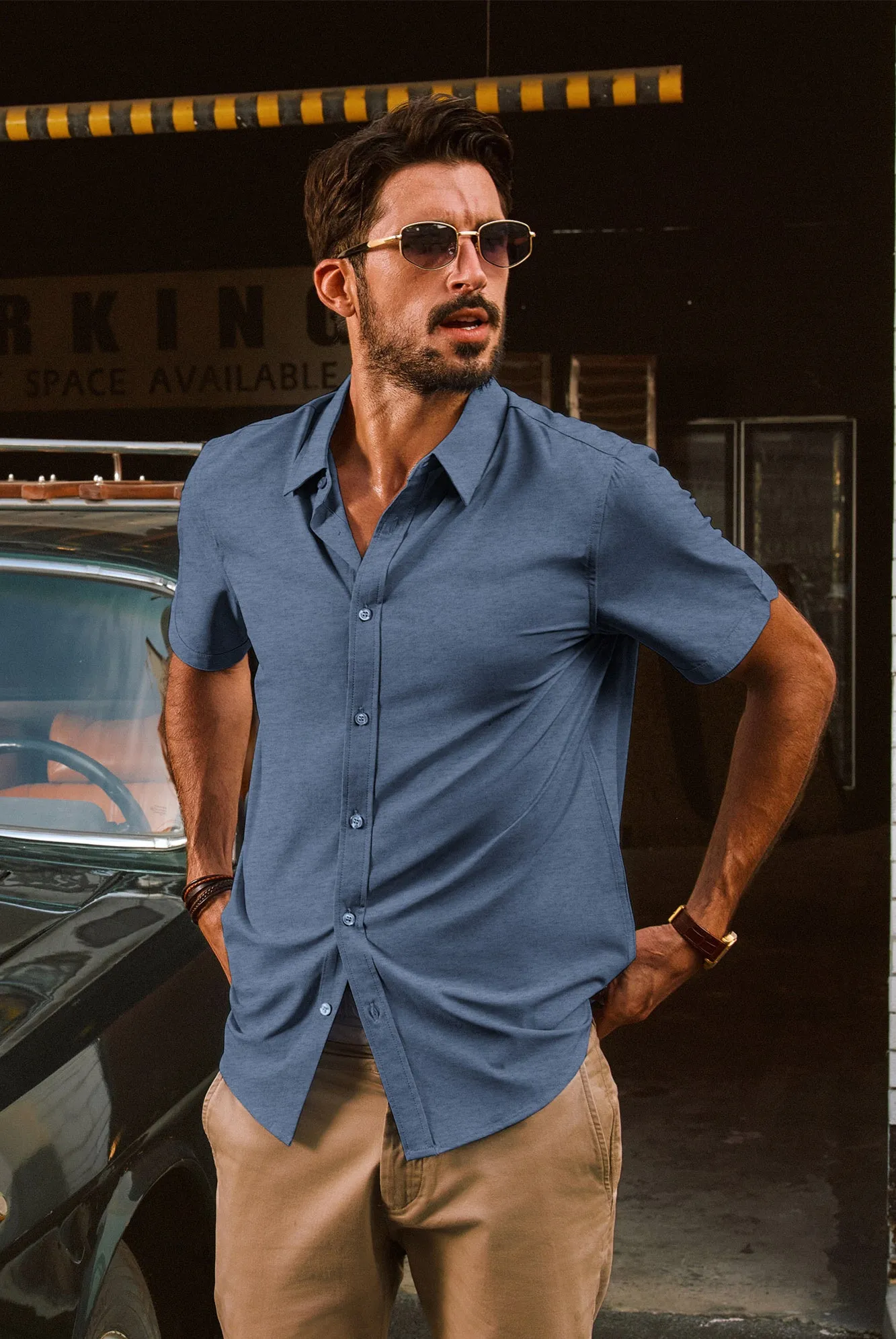 Men Basic Shirt Casual Short Sleeve Classic Collar Curved Hem Shirt Tops