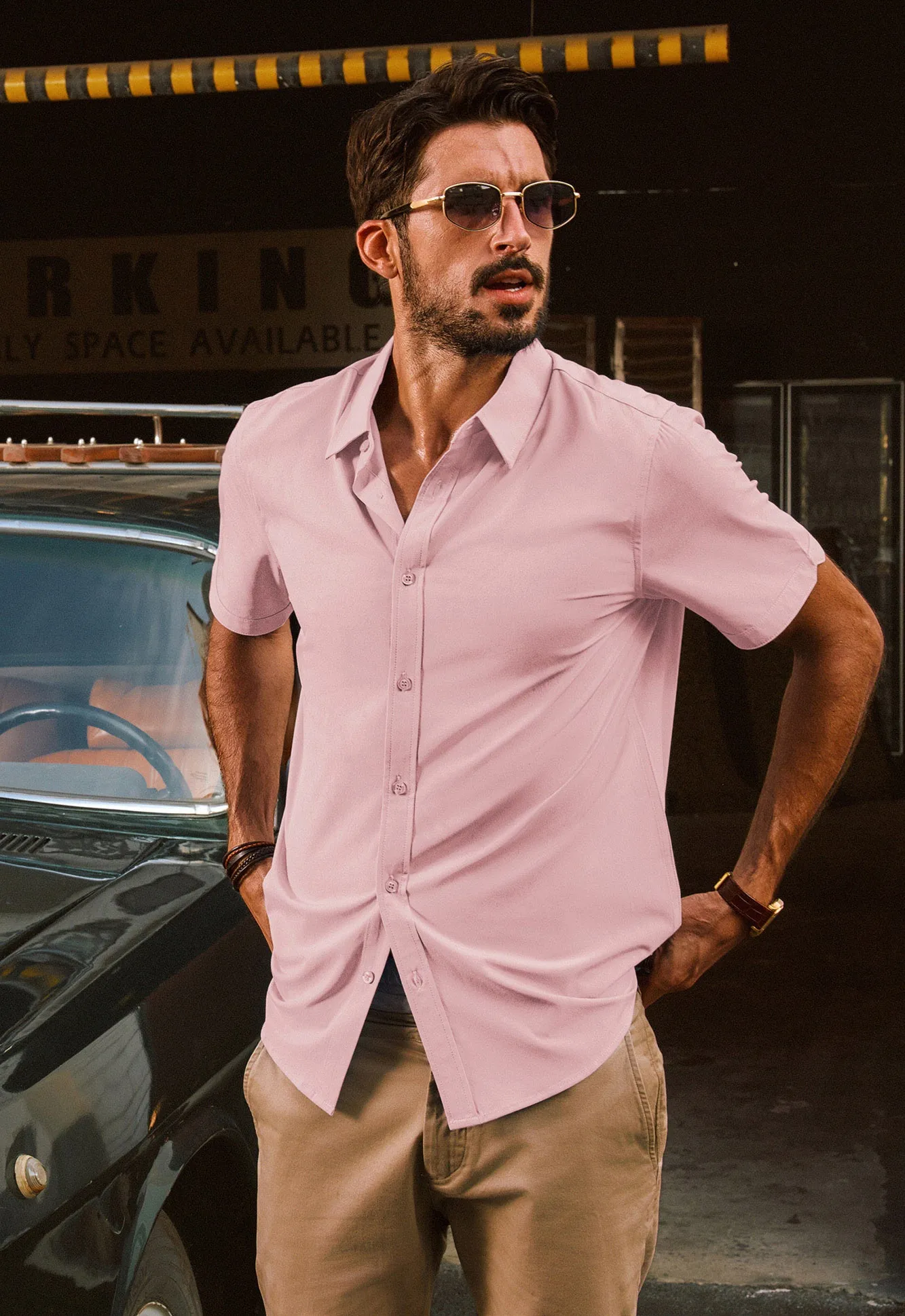 Men Basic Shirt Casual Short Sleeve Classic Collar Curved Hem Shirt Tops