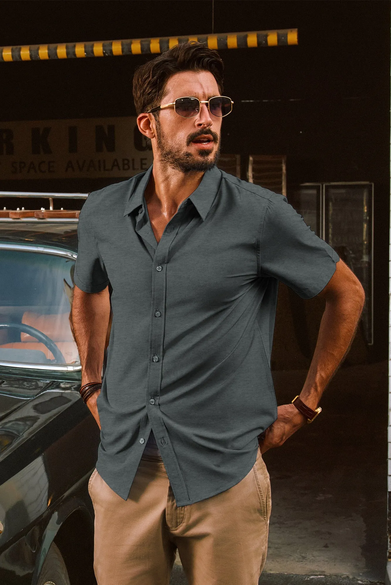 Men Basic Shirt Casual Short Sleeve Classic Collar Curved Hem Shirt Tops