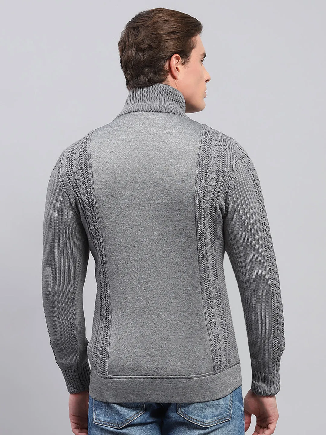 Men Grey Self Design Mock Neck Full Sleeve Pullover