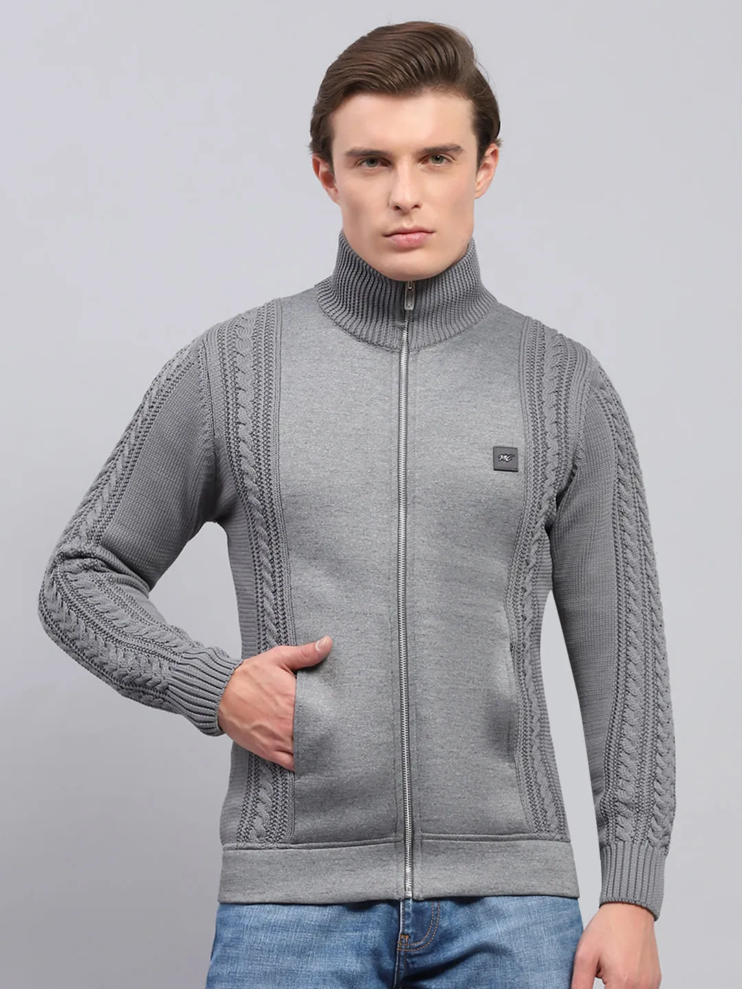 Men Grey Self Design Mock Neck Full Sleeve Pullover