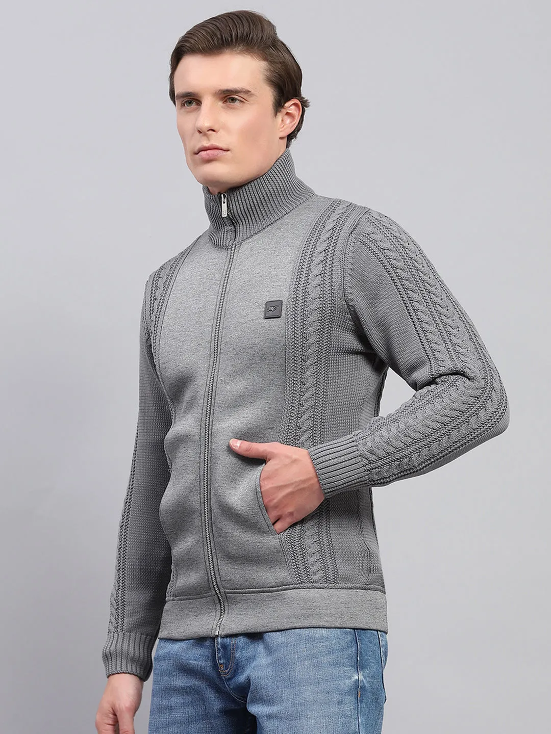 Men Grey Self Design Mock Neck Full Sleeve Pullover