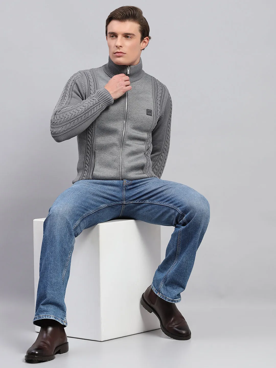 Men Grey Self Design Mock Neck Full Sleeve Pullover