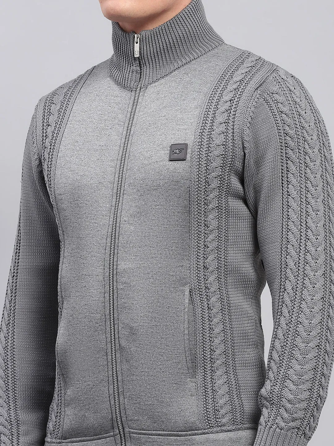 Men Grey Self Design Mock Neck Full Sleeve Pullover