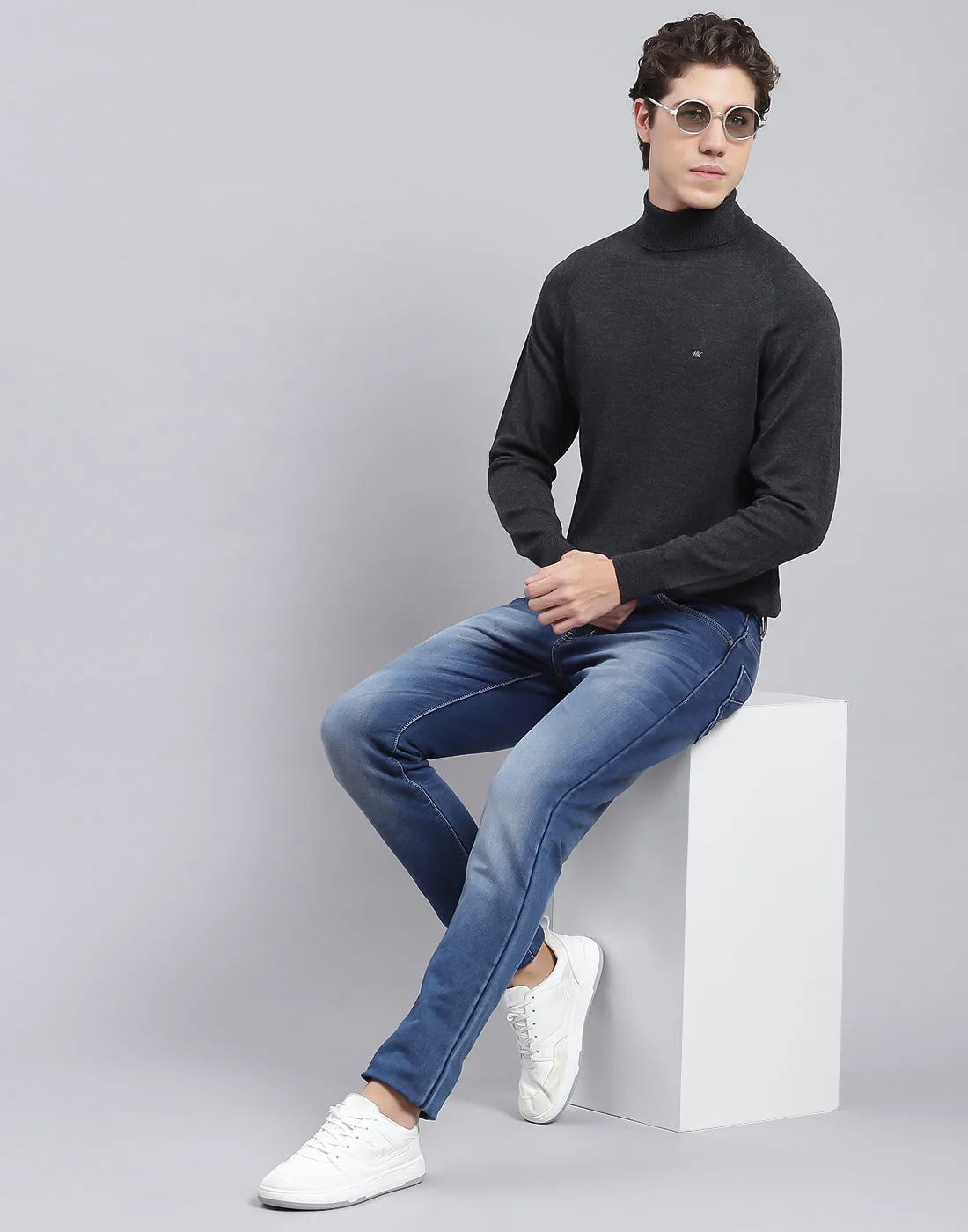 Men Grey Solid High Neck Full Sleeve Pullover