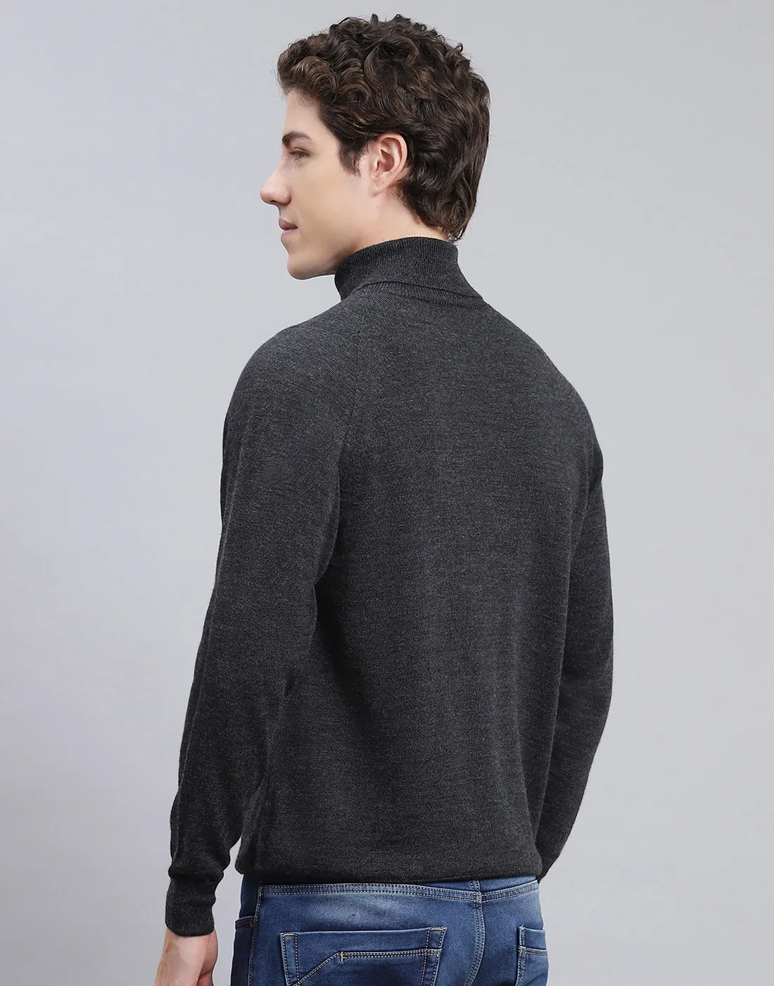 Men Grey Solid High Neck Full Sleeve Pullover