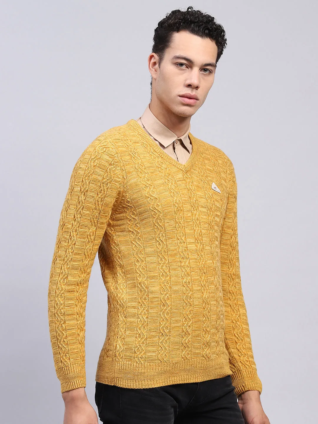 Men Yellow Self Design V Neck Full Sleeve Pullover