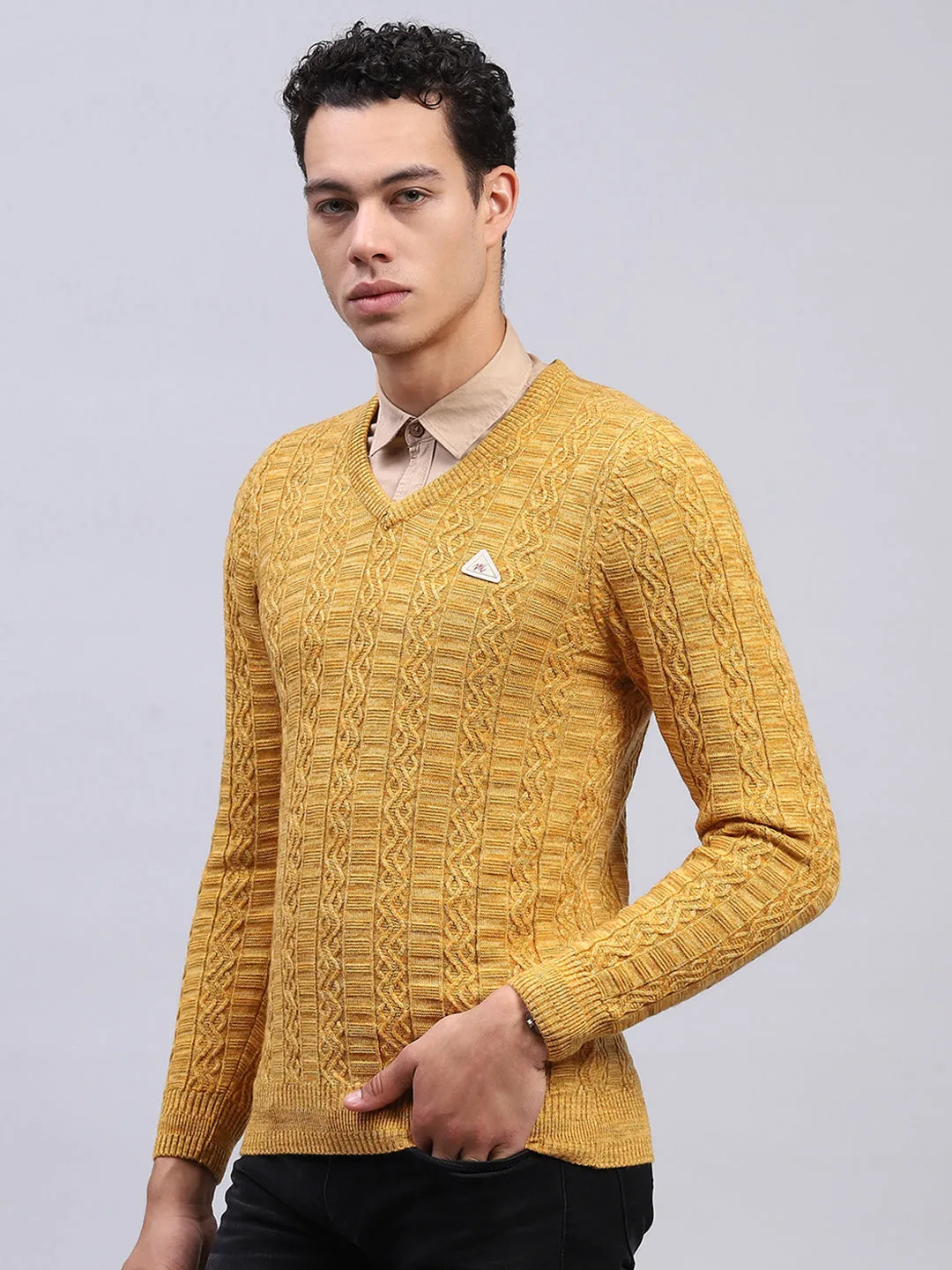 Men Yellow Self Design V Neck Full Sleeve Pullover