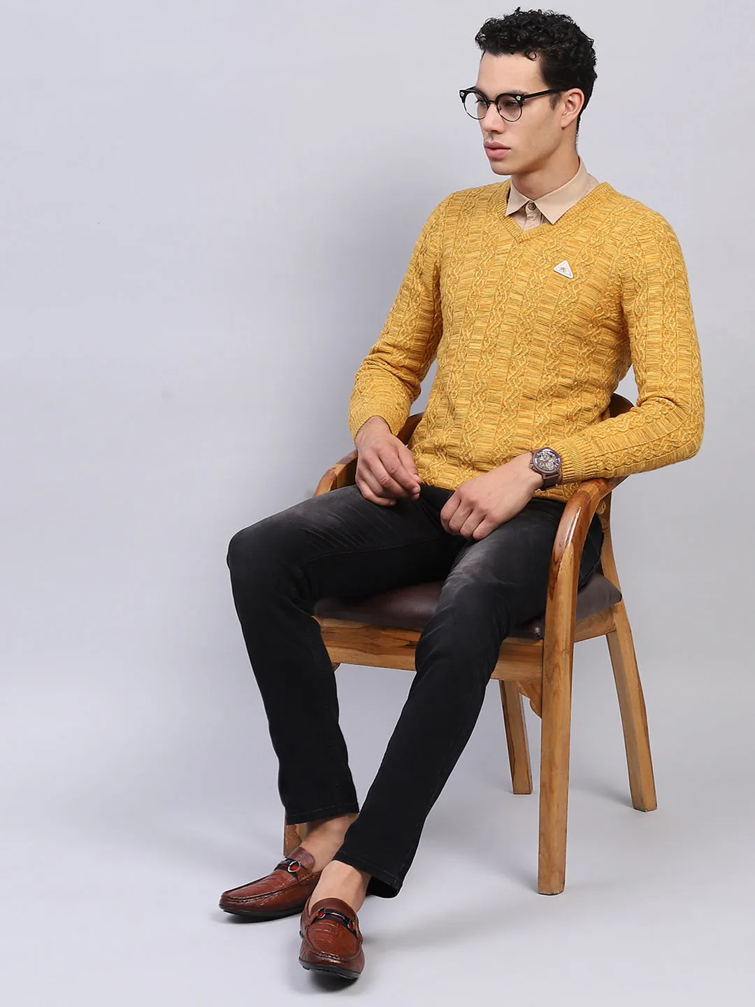 Men Yellow Self Design V Neck Full Sleeve Pullover