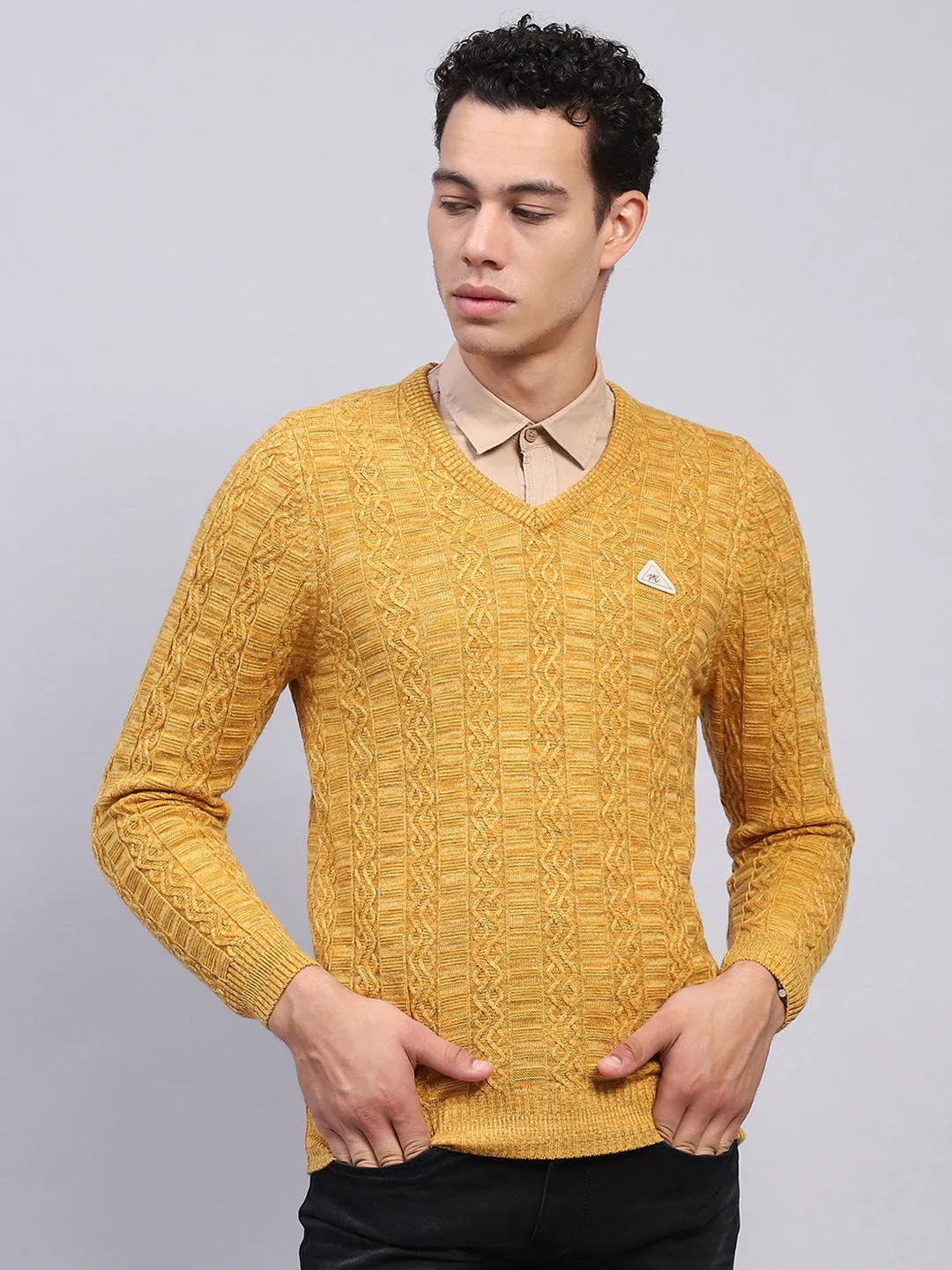 Men Yellow Self Design V Neck Full Sleeve Pullover