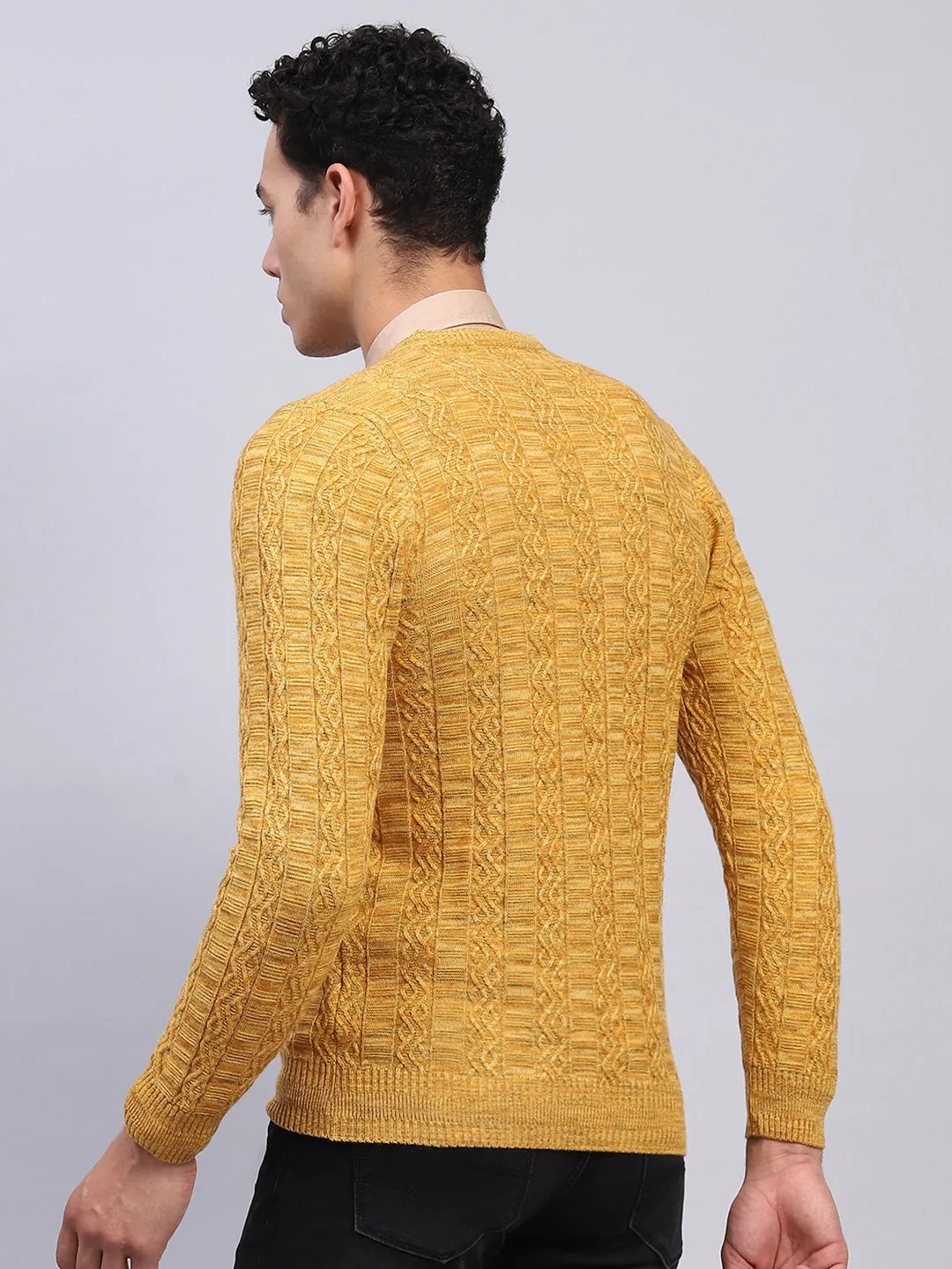 Men Yellow Self Design V Neck Full Sleeve Pullover