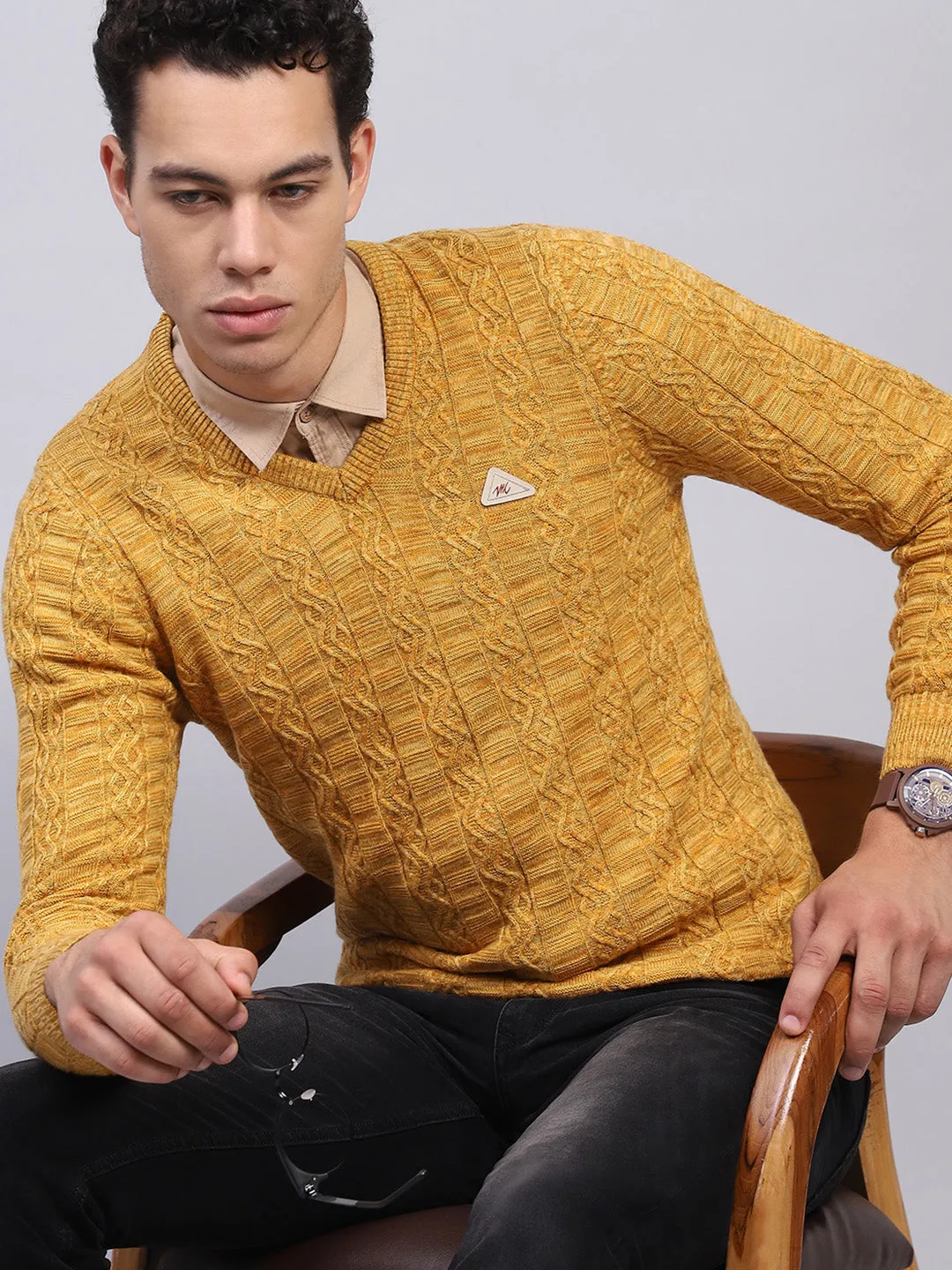 Men Yellow Self Design V Neck Full Sleeve Pullover