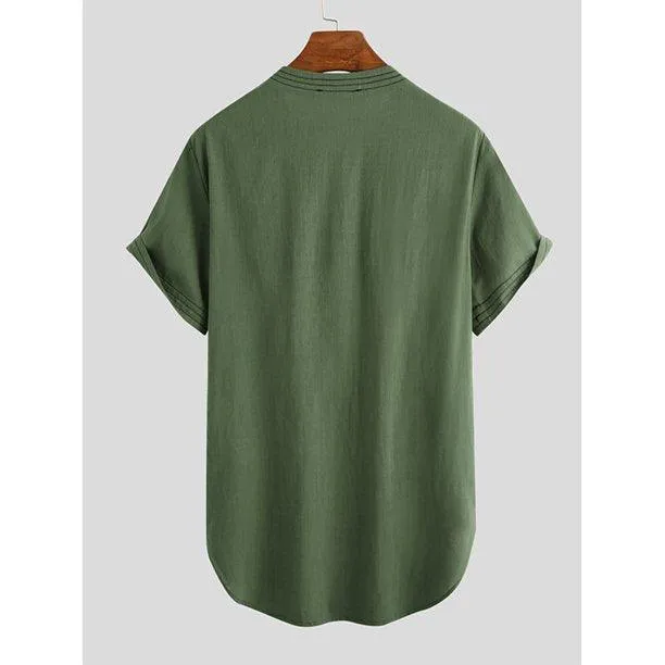 Men's Cotton Linen Henley Shirt - Short Sleeve Casual Top