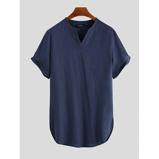 Men's Cotton Linen Henley Shirt - Short Sleeve Casual Top