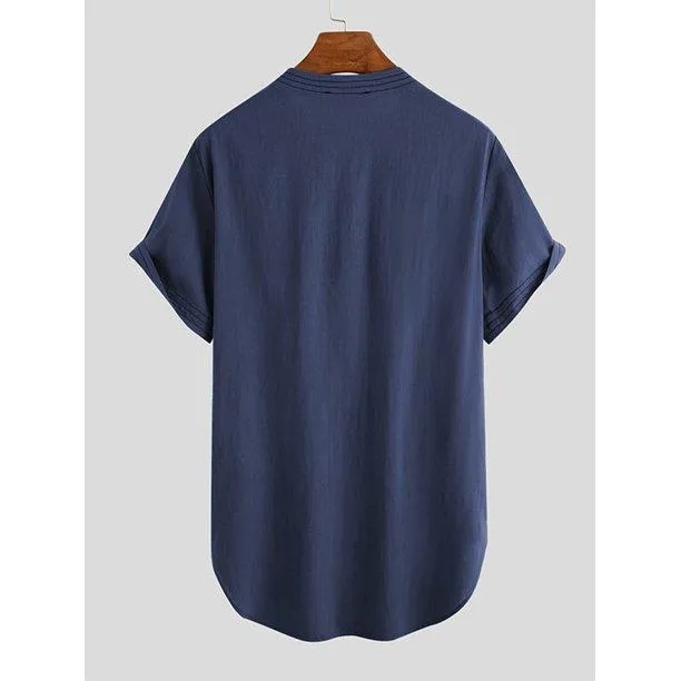 Men's Cotton Linen Henley Shirt - Short Sleeve Casual Top