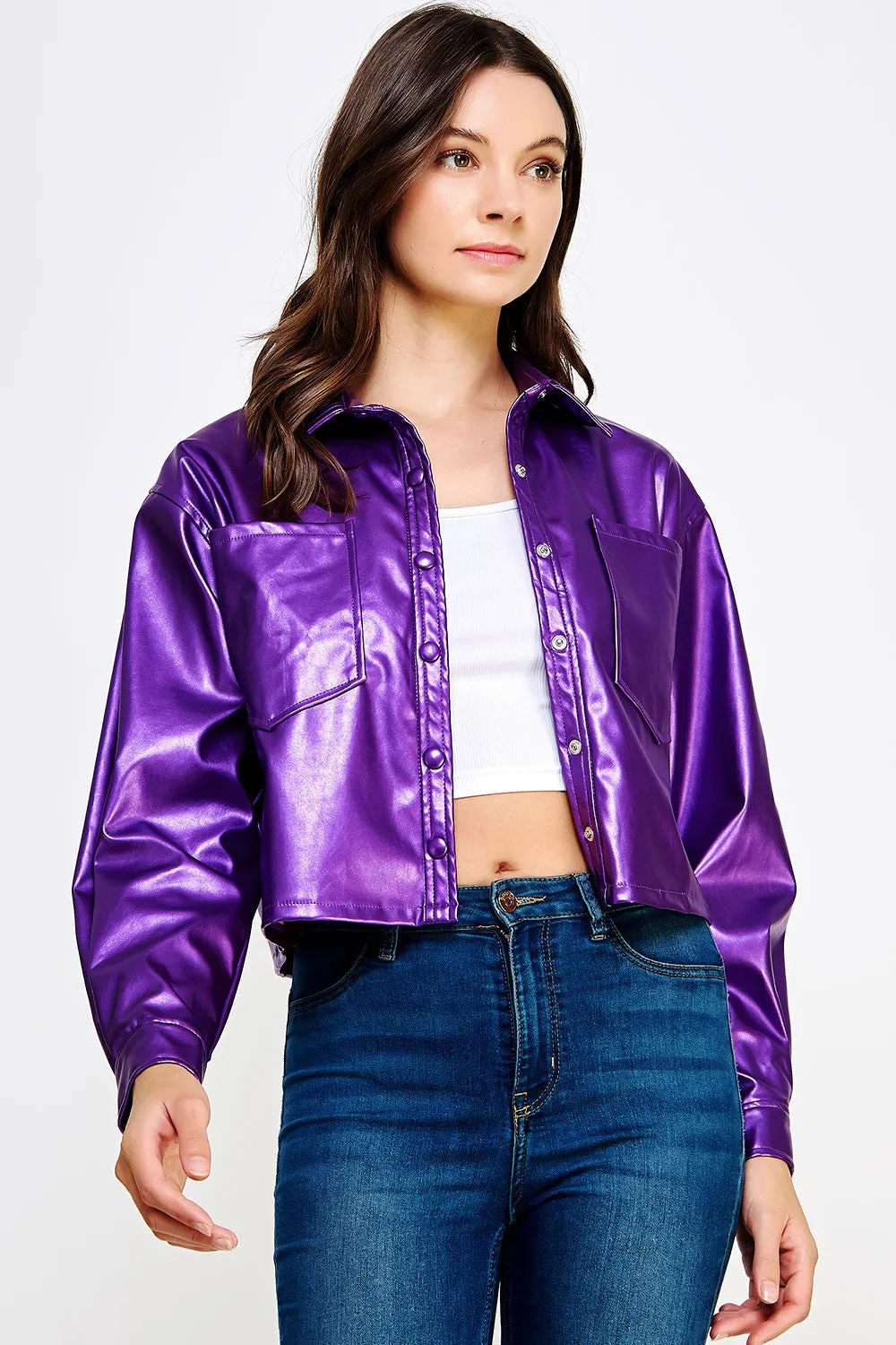 Metallic Purple Cropped Faux Leather Shacket