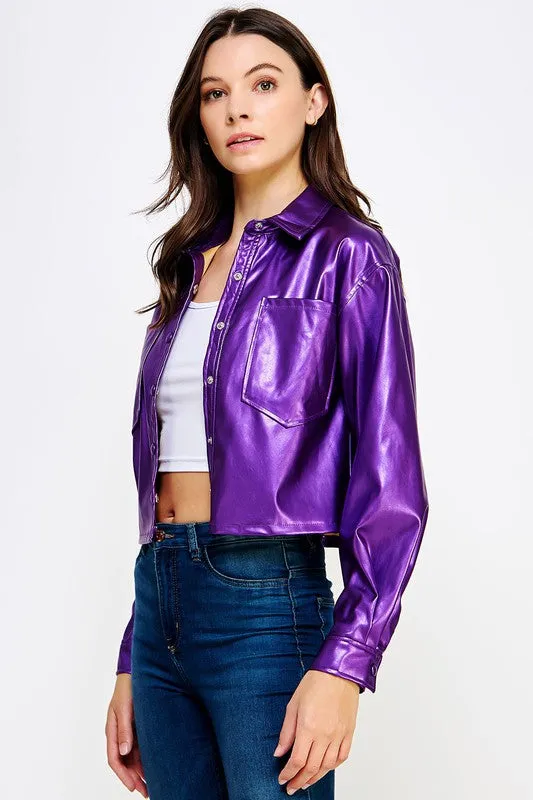 Metallic Purple Cropped Faux Leather Shacket