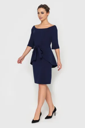 Navy Blue Boat Neck Pencil Dress With Removable Peplum Skirt Midi Dresses Mother Of The Bride Groom Dress Cocktail Dress