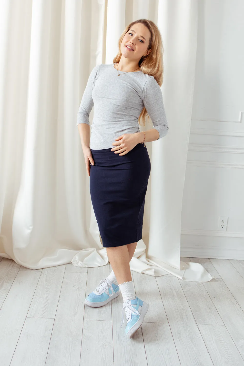 Navy Cotton Below Knee Length Pencil Skirt  -  'Chicago'