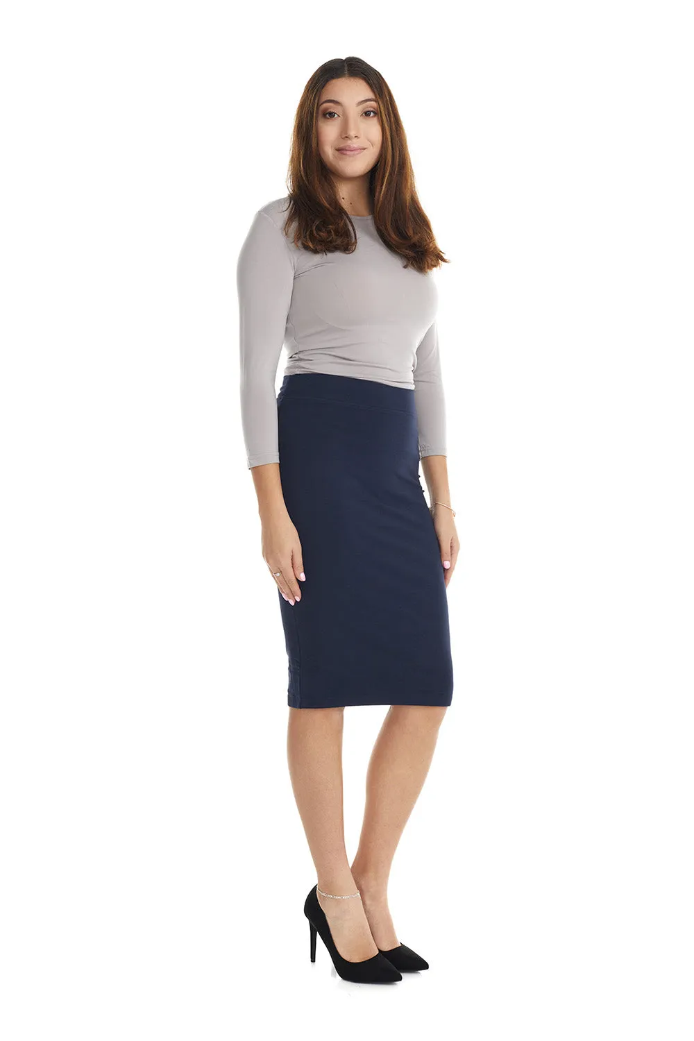 Navy Cotton Below Knee Length Pencil Skirt  -  'Chicago'