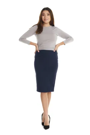 Navy Cotton Below Knee Length Pencil Skirt  -  'Chicago'