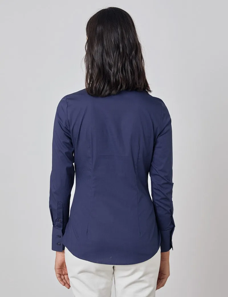 Navy Fitted Shirt with High Long Collar - Single Cuff