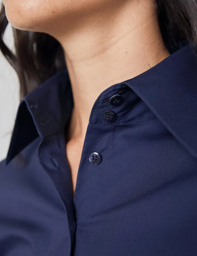 Navy Fitted Shirt with High Long Collar - Single Cuff