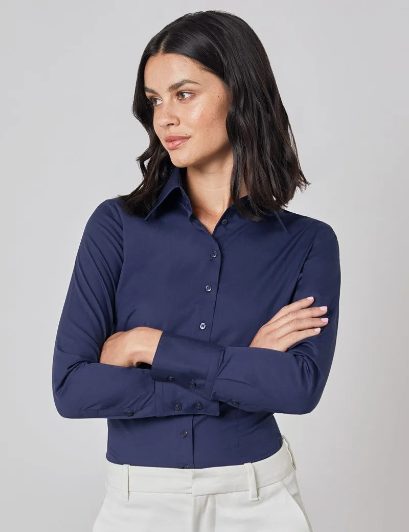 Navy Fitted Shirt with High Long Collar - Single Cuff