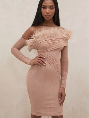 Nude Color Pencil Skirt With Feather, Party Dresses , Ocassion Dresses