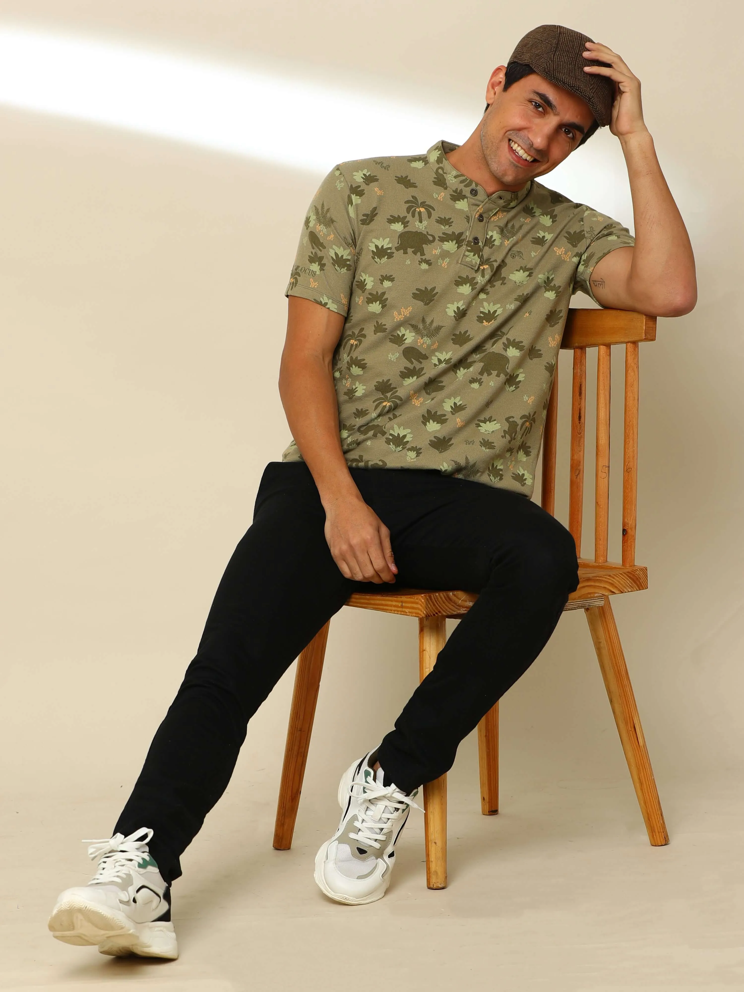 Olive Jungle Safari Henley T Shirt