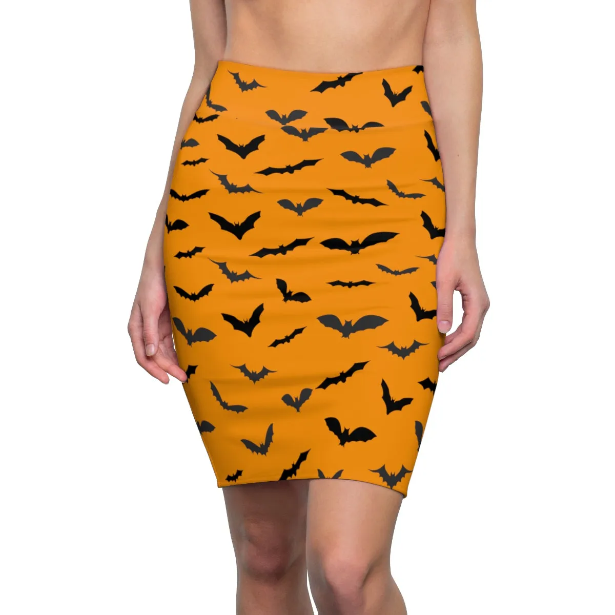 Orange Black Bats Pencil Skirt, Halloween Bats Print Women's Pencil Skirt- Made in USA (Size: XS-2XL)