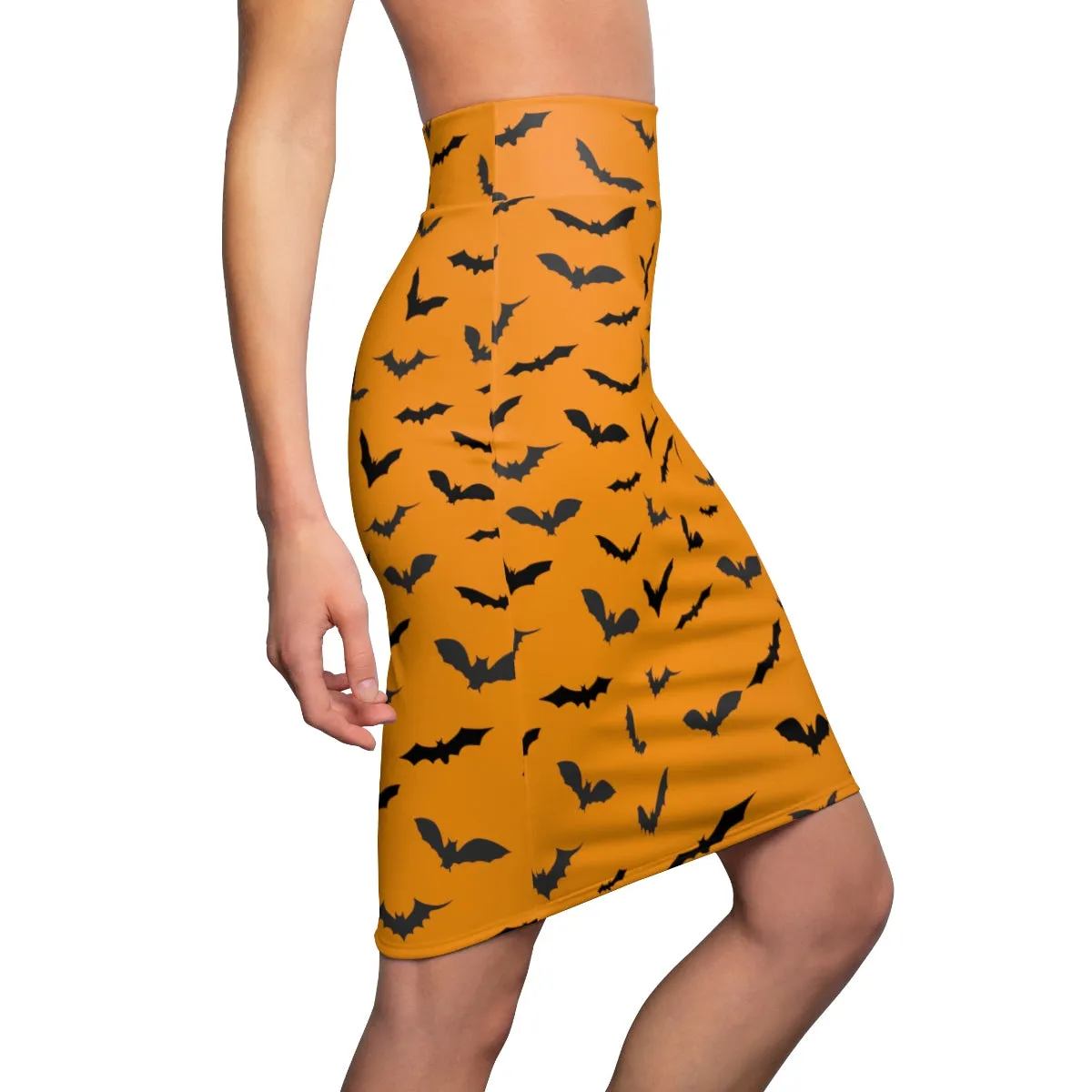 Orange Black Bats Pencil Skirt, Halloween Bats Print Women's Pencil Skirt- Made in USA (Size: XS-2XL)