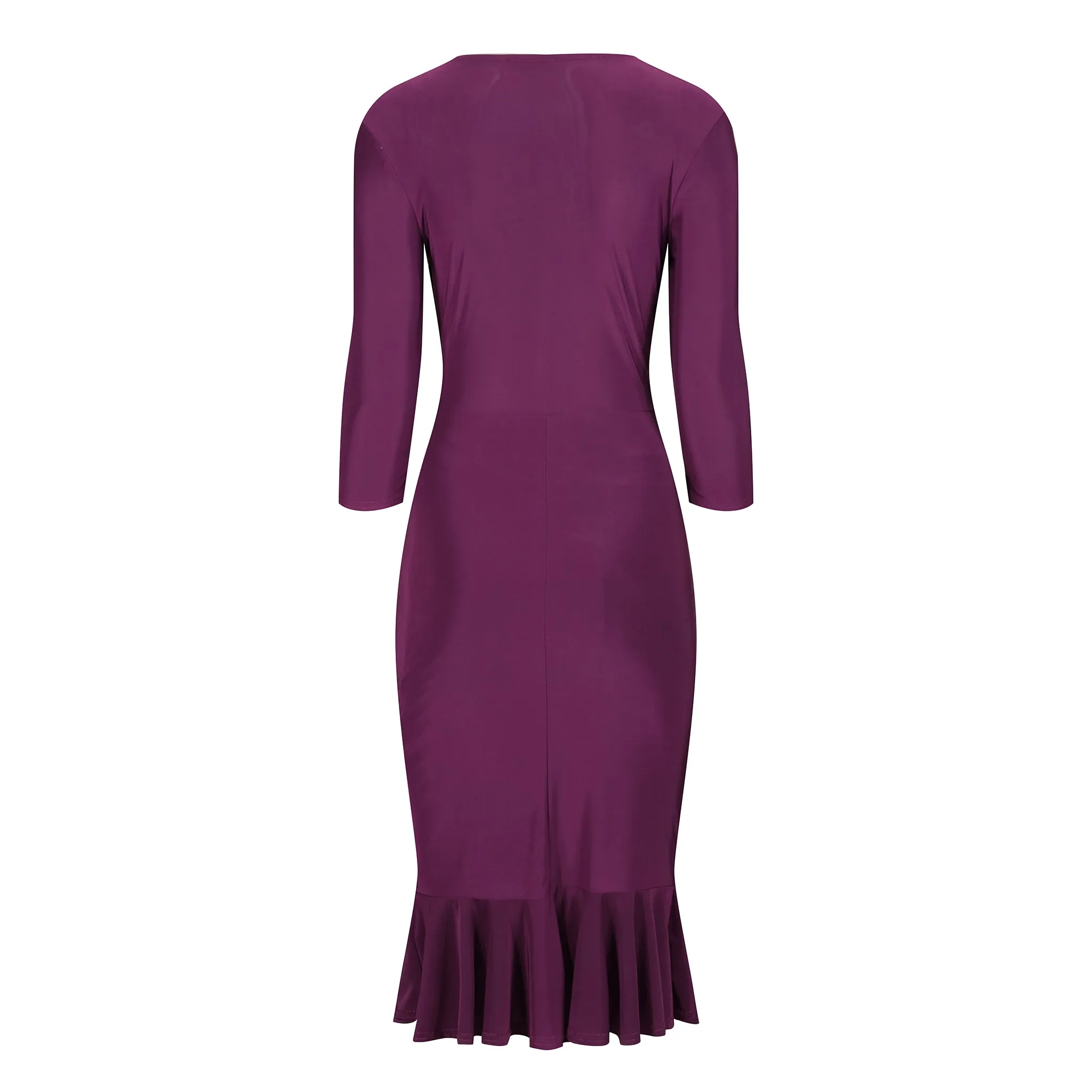 Plum Purple Wrap Effect Cocktail Dress w/ Waterfall Peplum Hem & 3/4 Sleeves